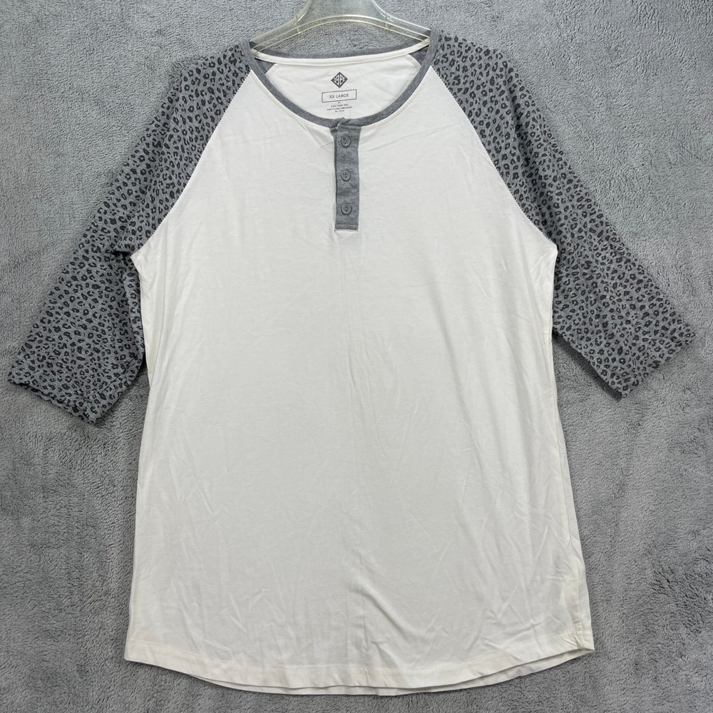 Cotton On Henley Mens XXL White Leopard Print Raglan Sleeve 3/4 Sleeve Casual